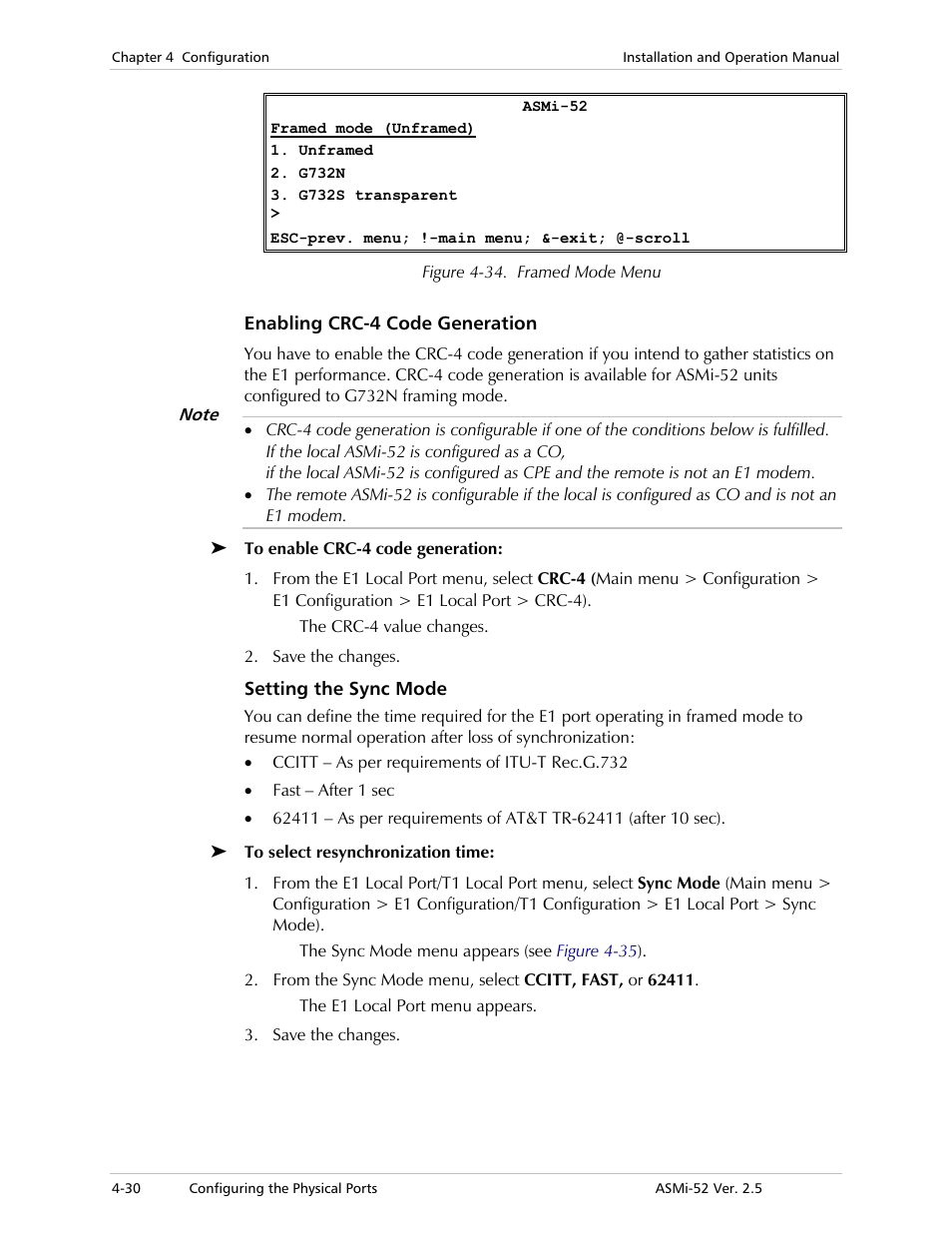 Enabling crc-4 code generation, Setting the sync mode | RAD Data comm ASMi-52 User Manual | Page 80 / 186