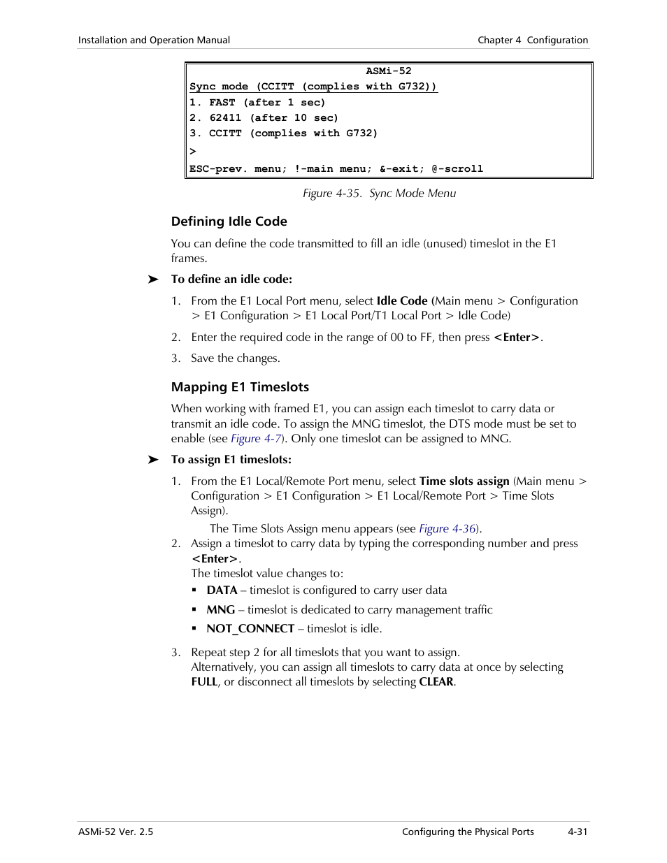 Defining idle code, Mapping e1 timeslots | RAD Data comm ASMi-52 User Manual | Page 81 / 186
