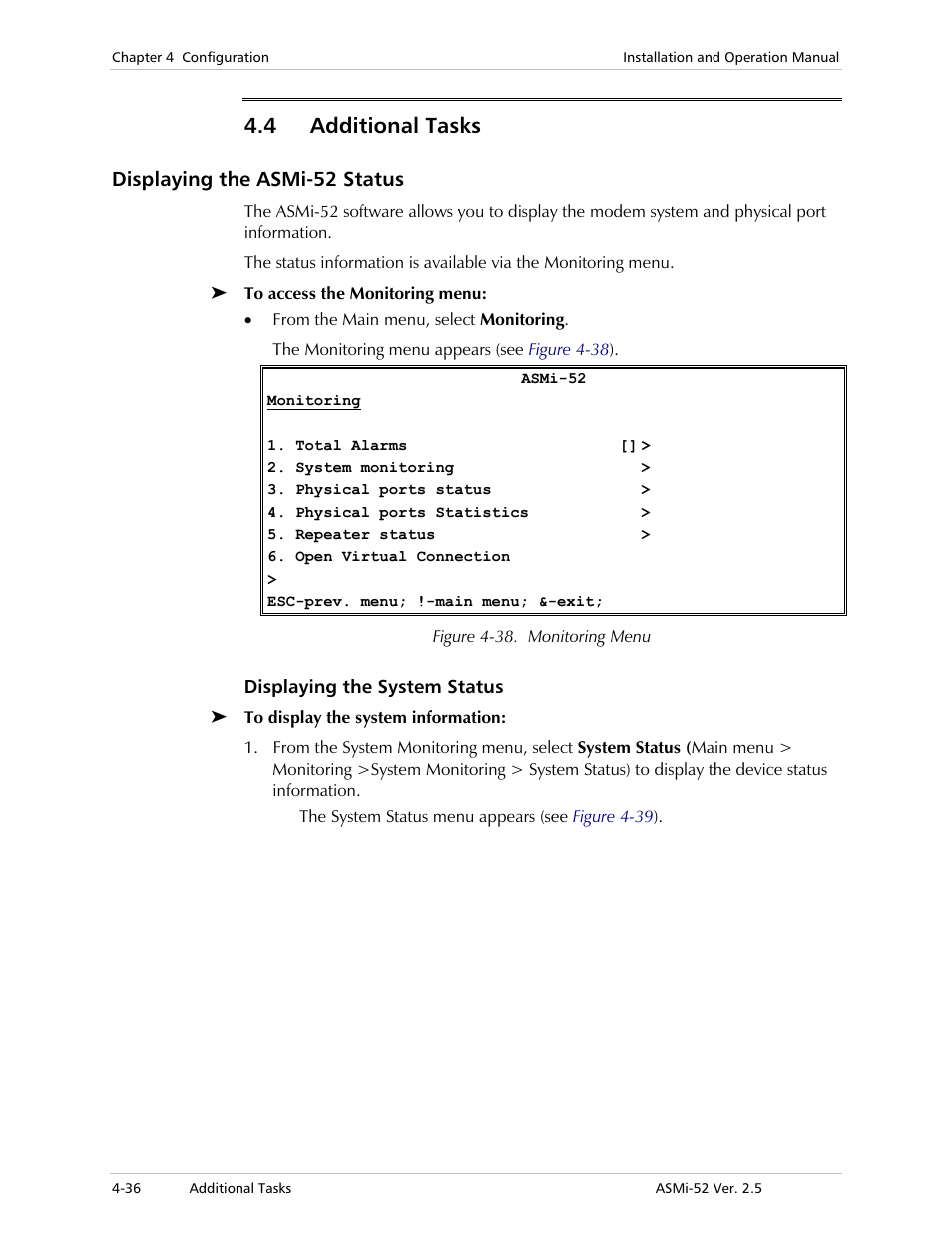 Additional tasks, Displaying the asmi-52 status, Displaying the system status | 4 additional tasks | RAD Data comm ASMi-52 User Manual | Page 86 / 186