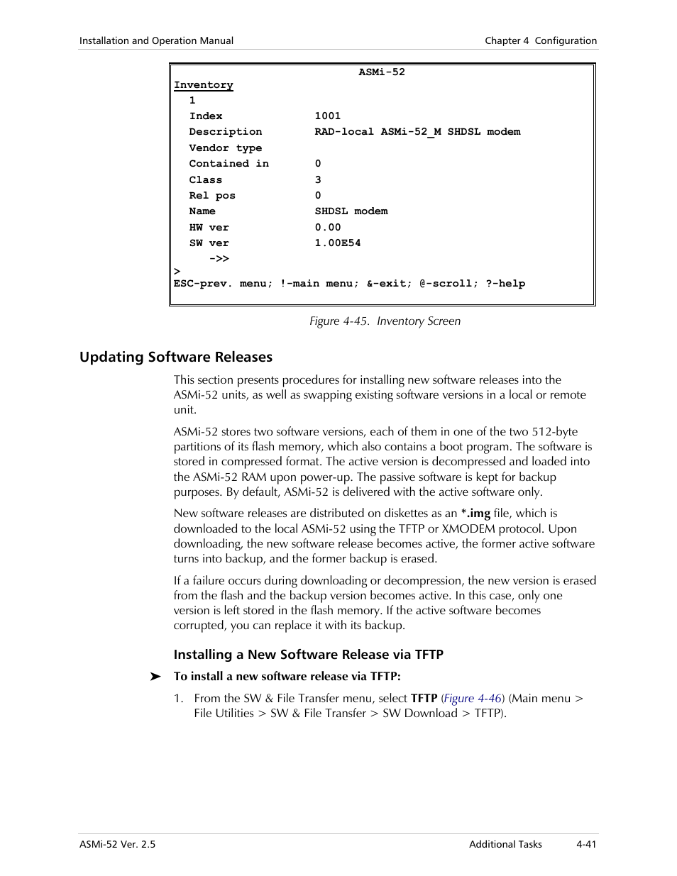 Updating software releases, Installing a new software release via tftp | RAD Data comm ASMi-52 User Manual | Page 91 / 186