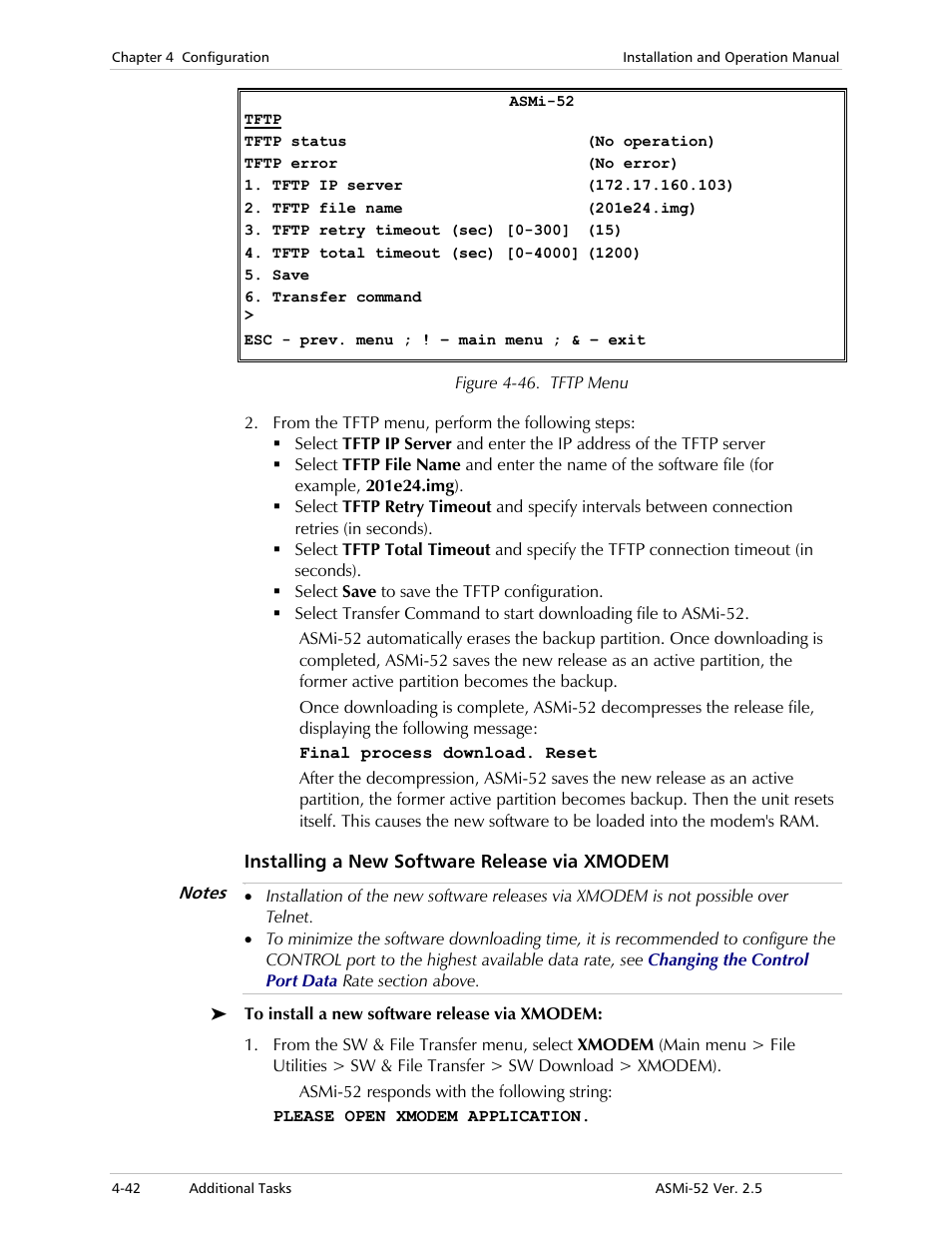 Installing a new software release via xmodem | RAD Data comm ASMi-52 User Manual | Page 92 / 186