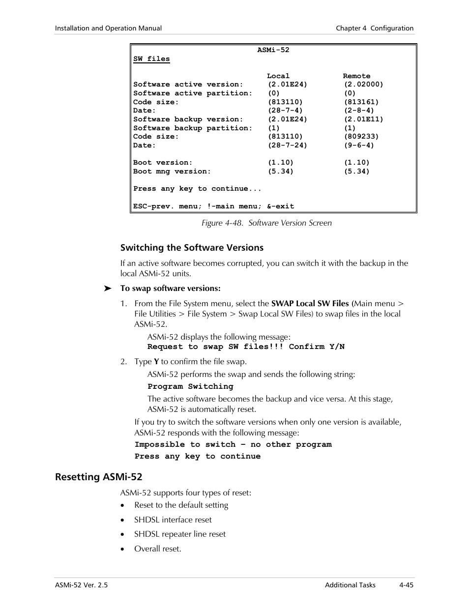 Switching the software versions, Resetting asmi-52 | RAD Data comm ASMi-52 User Manual | Page 95 / 186