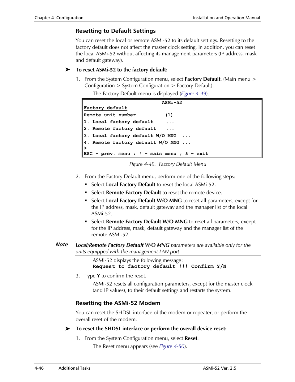 Resetting to default settings, Resetting the asmi-52 modem | RAD Data comm ASMi-52 User Manual | Page 96 / 186