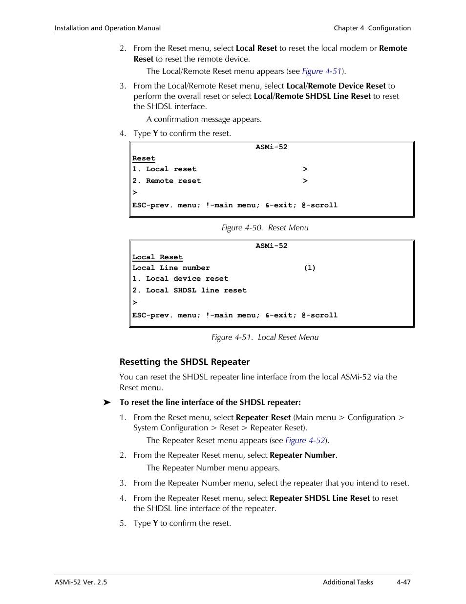 Resetting the shdsl repeater | RAD Data comm ASMi-52 User Manual | Page 97 / 186