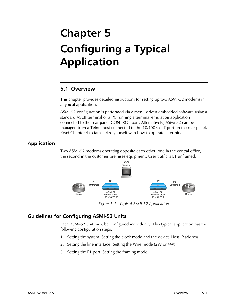 Chapter 5 configuring a typical application, Overview, Application | Guidelines for configuring asmi-52 units, 1 overview | RAD Data comm ASMi-52 User Manual | Page 99 / 186