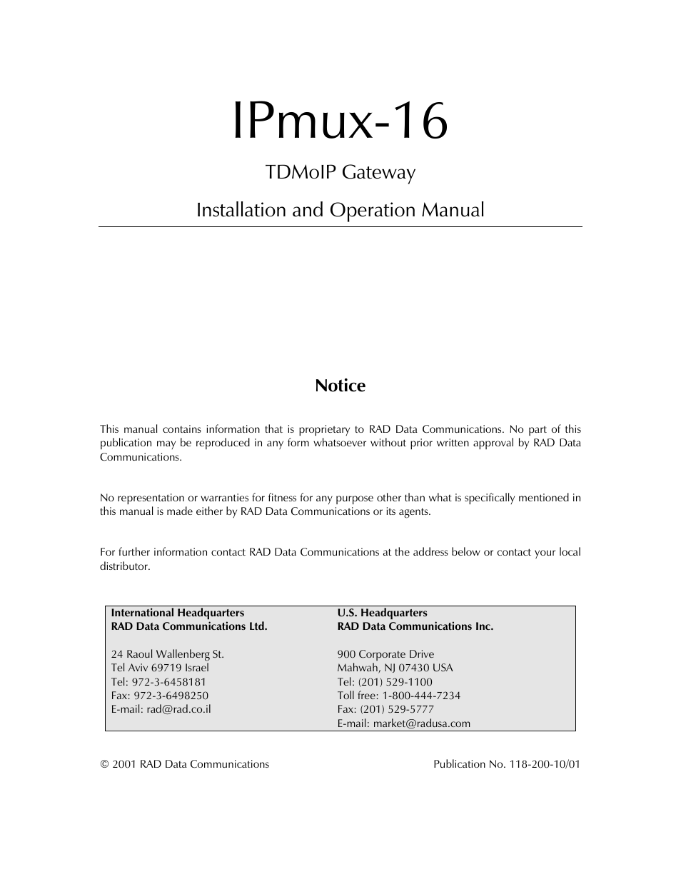 RAD Data comm TDMoIP Gateway IPmux-16 User Manual | 99 pages