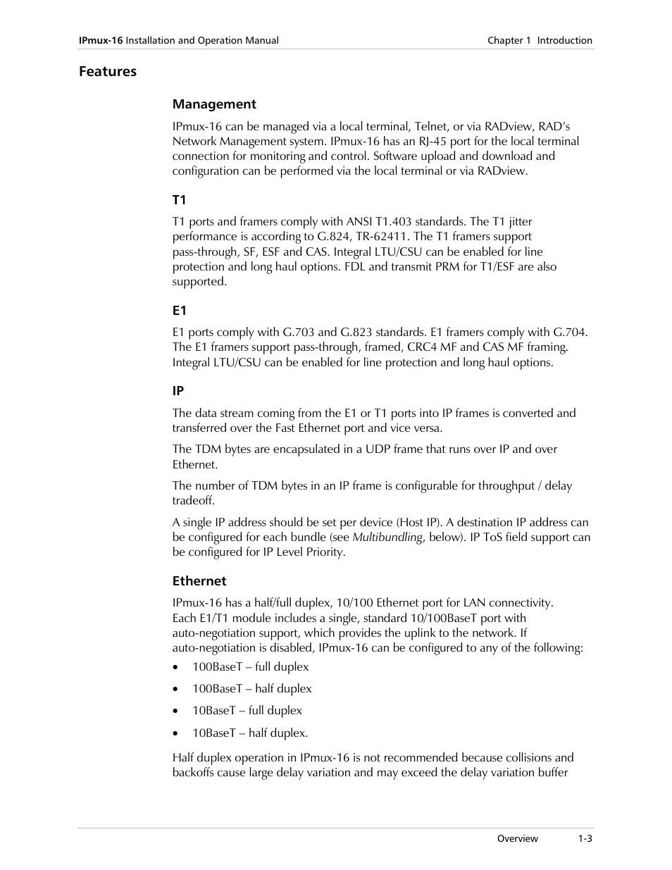 Features, Management, Ethernet | RAD Data comm TDMoIP Gateway IPmux-16 User Manual | Page 11 / 99