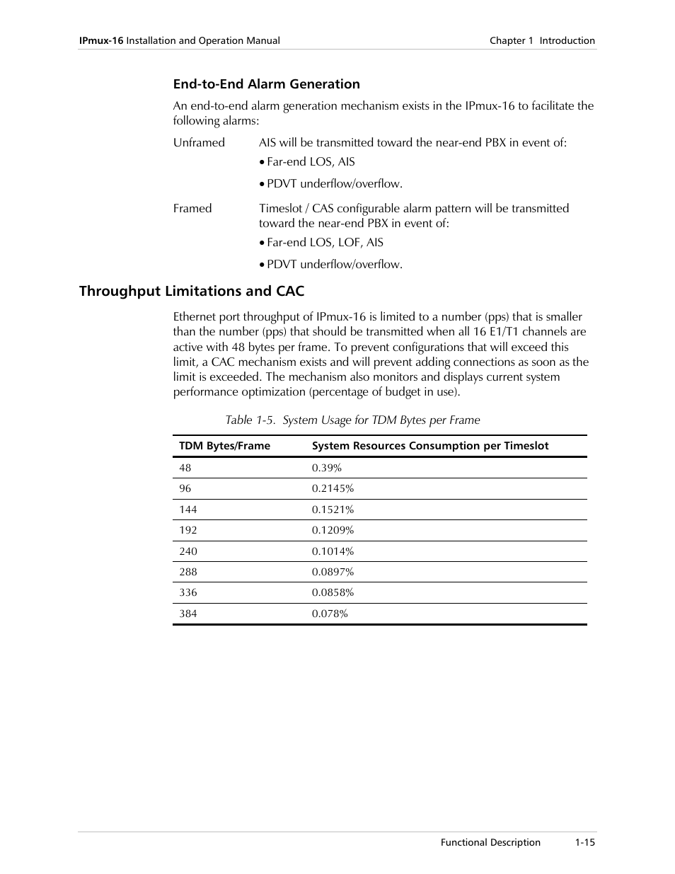 End-to-end alarm generation, Throughput limitations and cac | RAD Data comm TDMoIP Gateway IPmux-16 User Manual | Page 23 / 99