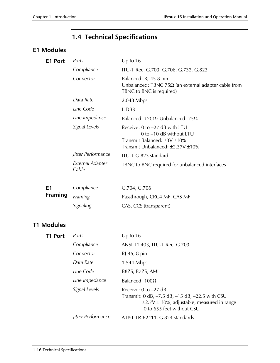 Technical specifications, E1 modules, T1 modules | 4 technical specifications | RAD Data comm TDMoIP Gateway IPmux-16 User Manual | Page 24 / 99