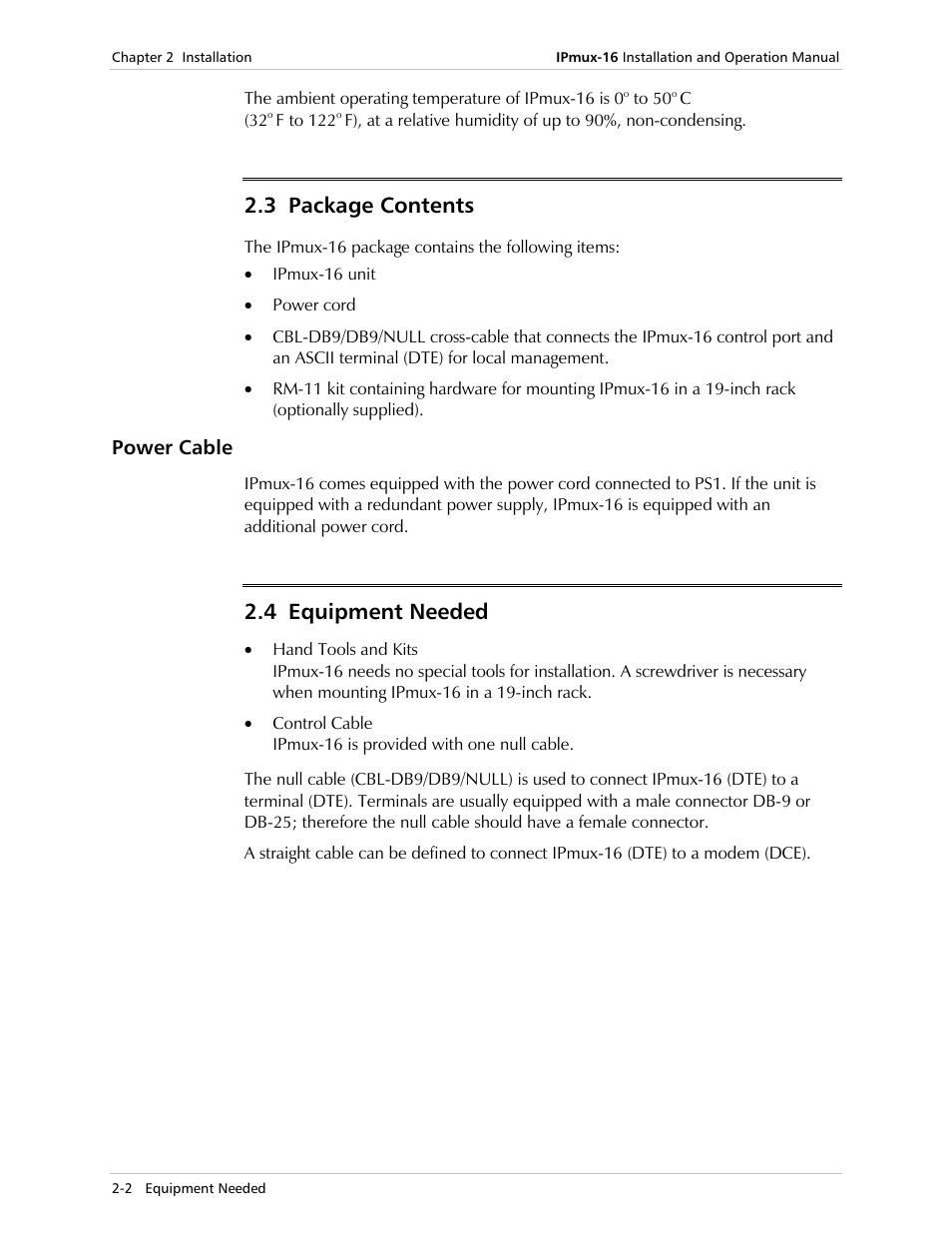 Package contents, Power cable, Equipment needed | 3 package contents, 4 equipment needed | RAD Data comm TDMoIP Gateway IPmux-16 User Manual | Page 28 / 99