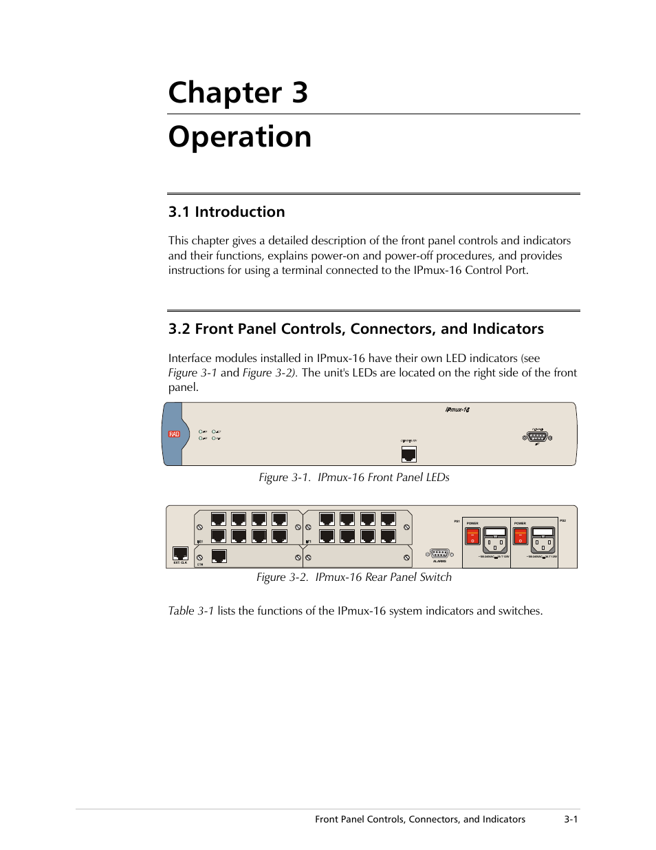 Operation, Introduction, Front panel controls, connectors, and indicators | Chapter 3 operation, 1 introduction, 2 front panel controls, connectors, and indicators | RAD Data comm TDMoIP Gateway IPmux-16 User Manual | Page 33 / 99