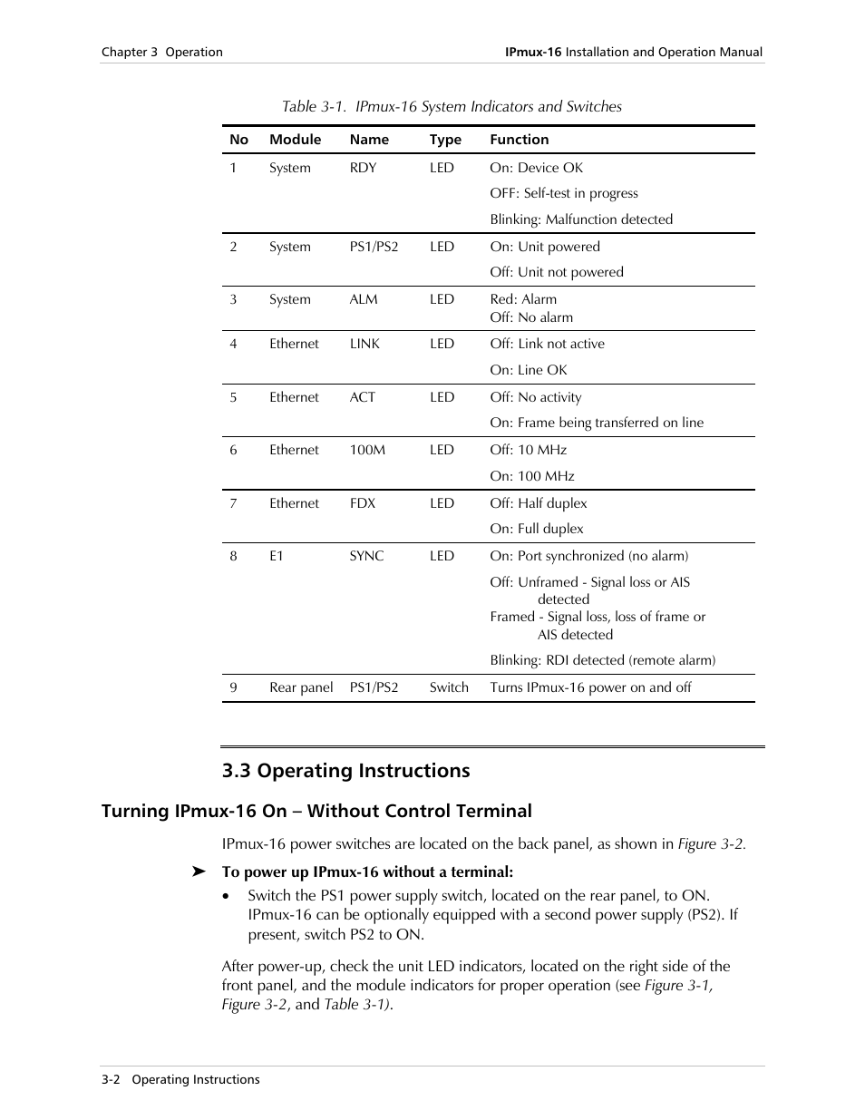 Operating instructions, Turning ipmux˚16 on – without control terminal, 3 operating instructions | Turning ipmux-16 on – without control terminal | RAD Data comm TDMoIP Gateway IPmux-16 User Manual | Page 34 / 99