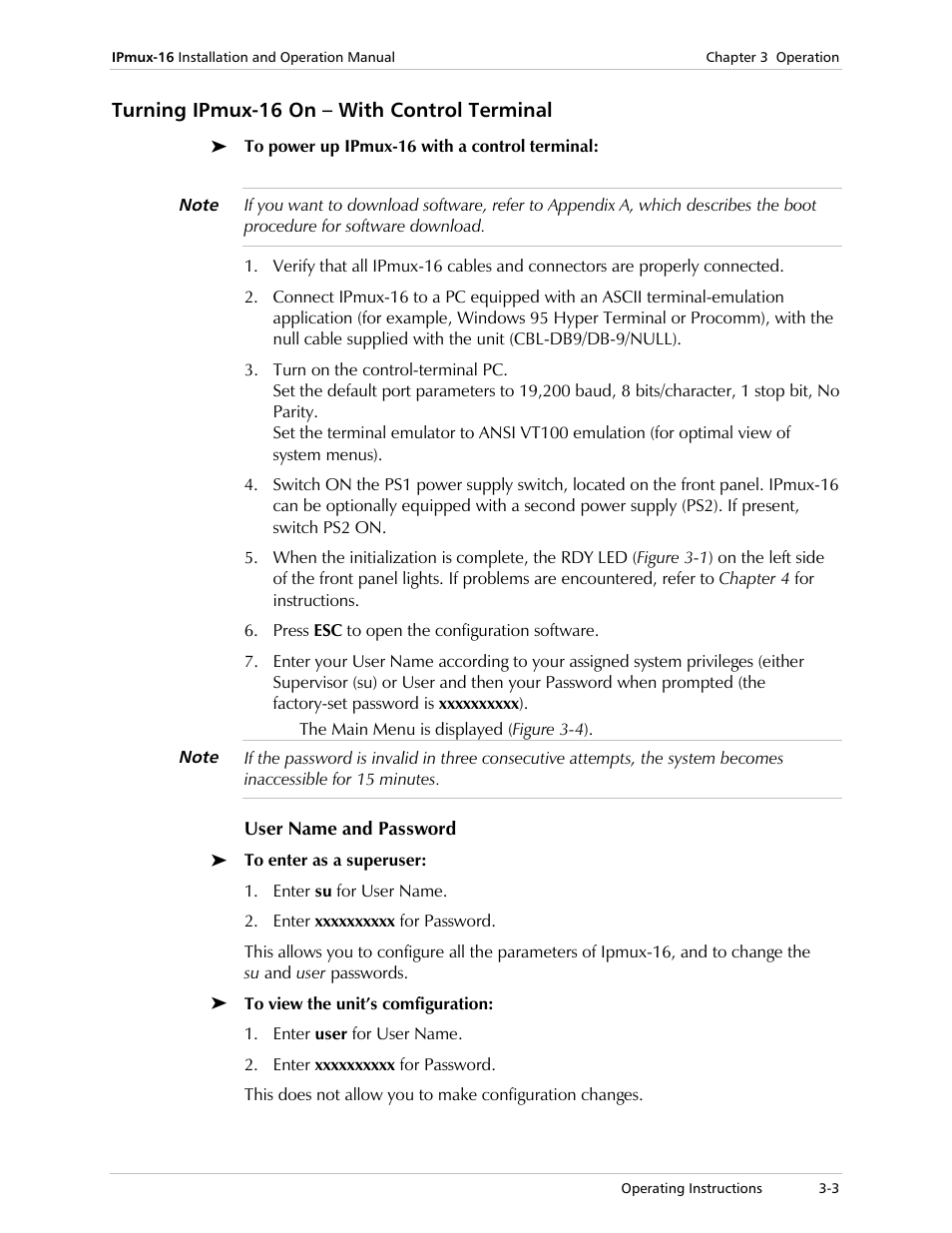 Turning ipmux˚16 on – with control terminal, User name and password, Turning ipmux-16 on – with control terminal | RAD Data comm TDMoIP Gateway IPmux-16 User Manual | Page 35 / 99