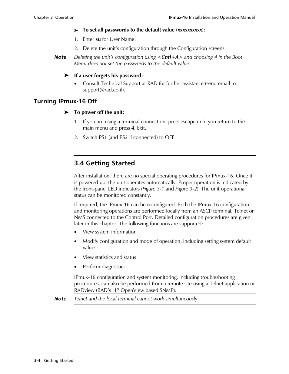 Turning ipmux˚16 off, Getting started, 4 getting started | Turning ipmux-16 off | RAD Data comm TDMoIP Gateway IPmux-16 User Manual | Page 36 / 99