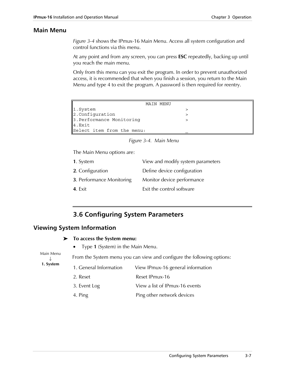 Main menu, Configuring system parameters, Viewing system information | 6 configuring system parameters | RAD Data comm TDMoIP Gateway IPmux-16 User Manual | Page 39 / 99