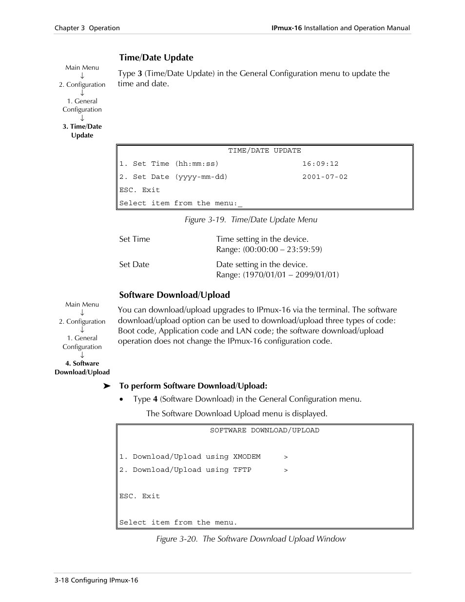 Time/date update, Software download/upload | RAD Data comm TDMoIP Gateway IPmux-16 User Manual | Page 50 / 99