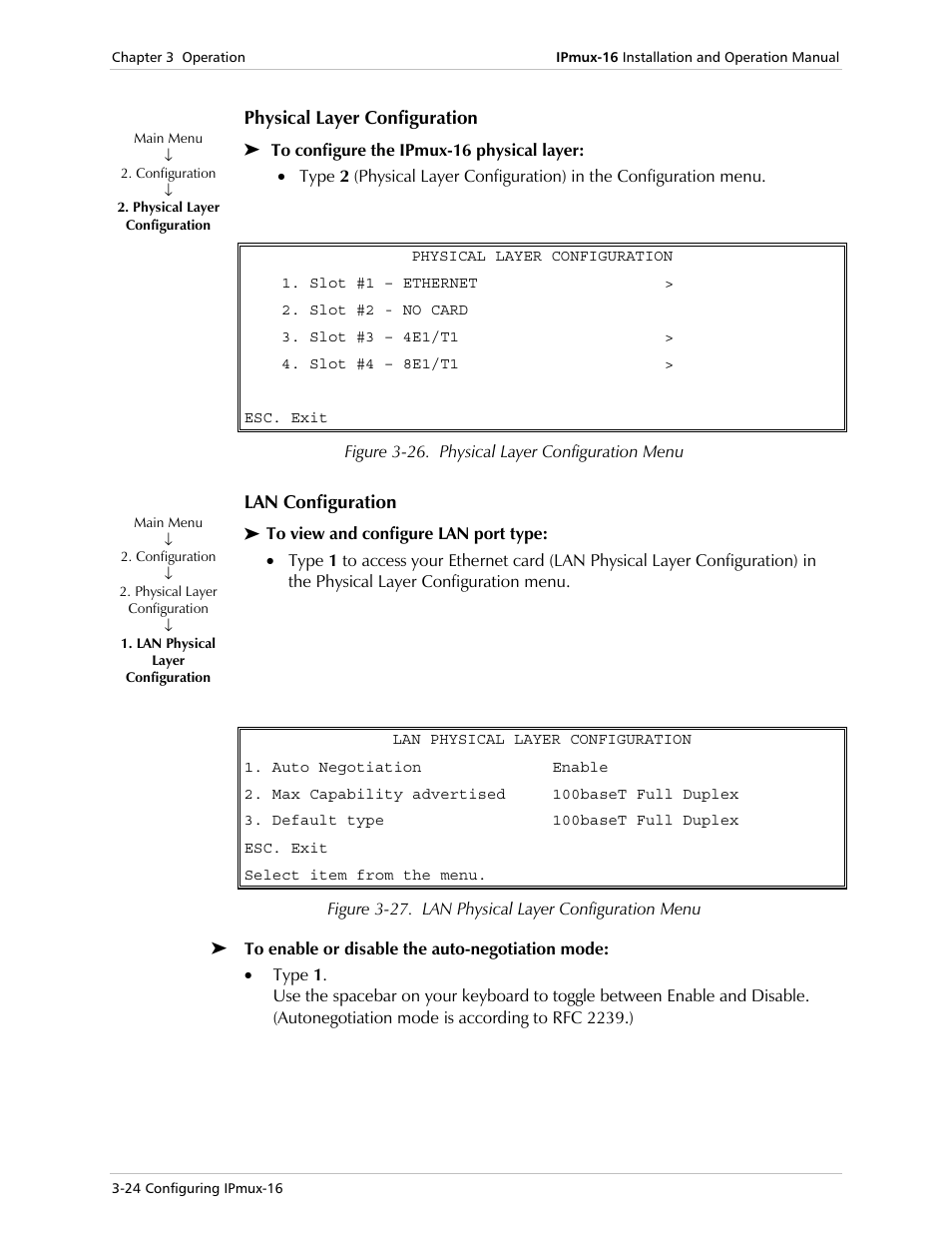 Physical layer configuration, Lan configuration | RAD Data comm TDMoIP Gateway IPmux-16 User Manual | Page 56 / 99