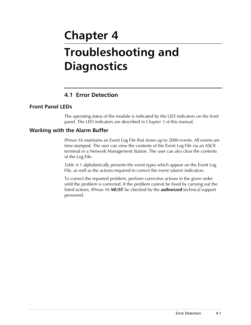 Troubleshooting and diagnostics, Error detection, Front panel leds | Working with the alarm buffer, Chapter 4 troubleshooting and diagnostics | RAD Data comm TDMoIP Gateway IPmux-16 User Manual | Page 79 / 99