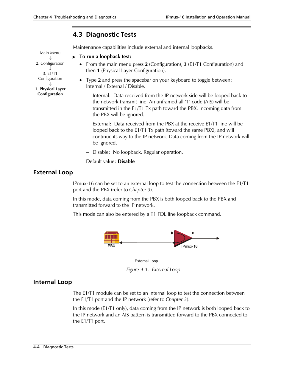 Diagnostic tests, External loop, Internal loop | 3 diagnostic tests | RAD Data comm TDMoIP Gateway IPmux-16 User Manual | Page 82 / 99