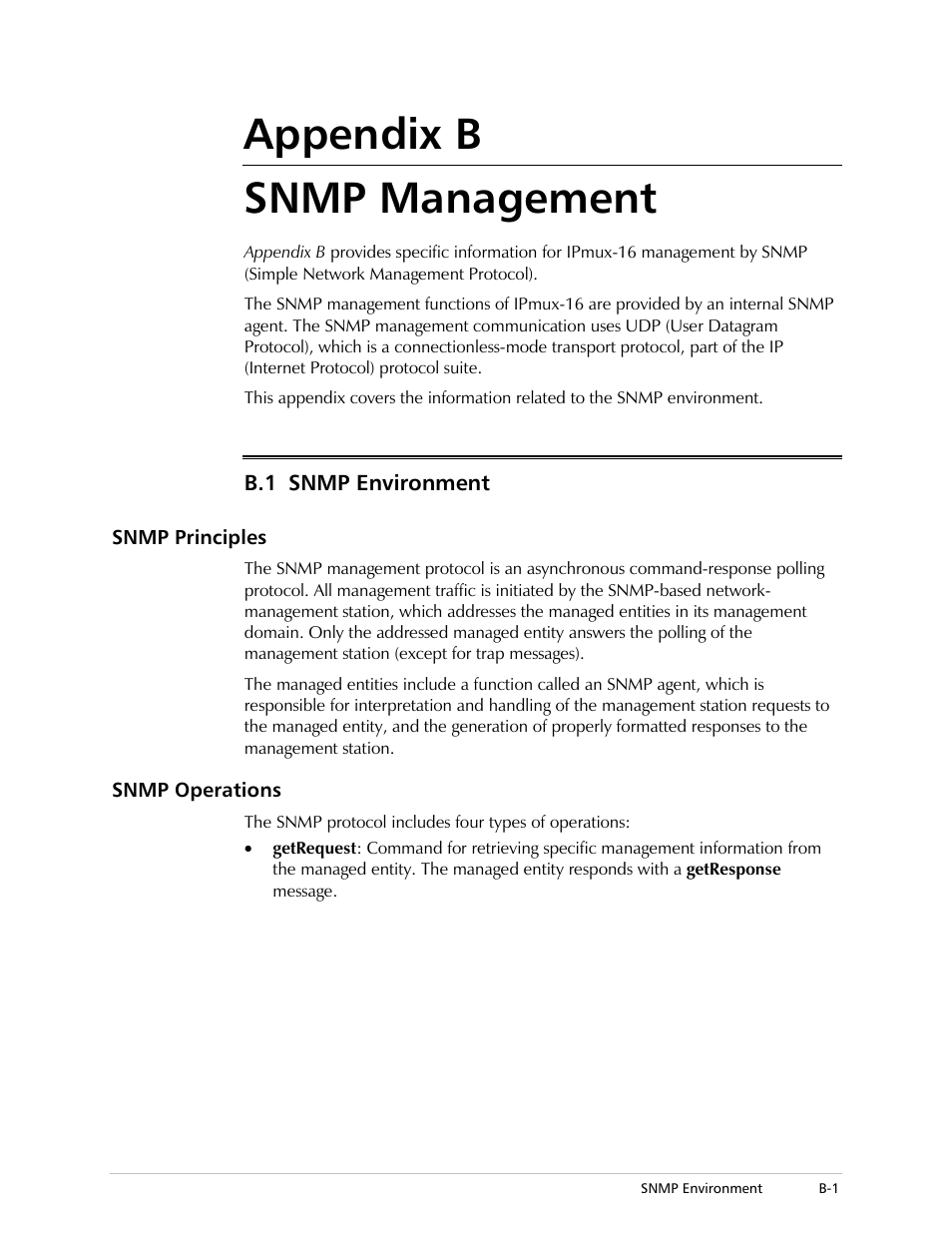 Snmp management, Snmp environment, Snmp principles | Snmp operations, Appendix b snmp management | RAD Data comm TDMoIP Gateway IPmux-16 User Manual | Page 89 / 99