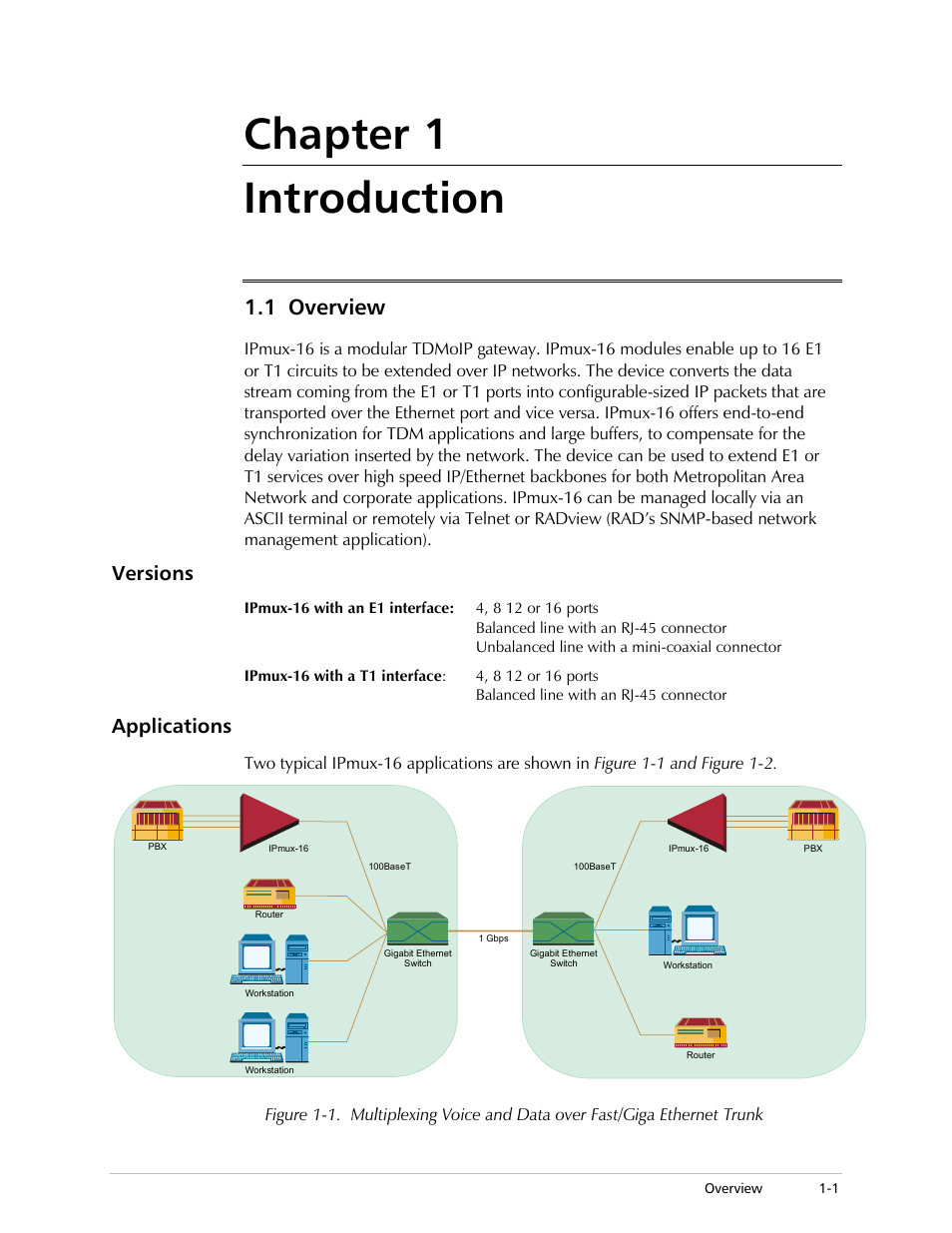 Introduction, Overview, Versions | Applications, Chapter 1 introduction, 1 overview | RAD Data comm TDMoIP Gateway IPmux-16 User Manual | Page 9 / 99