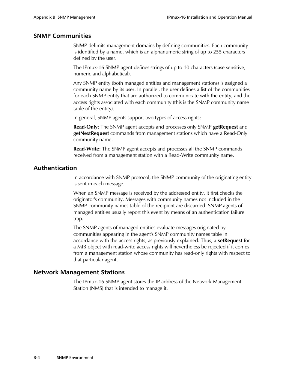 Snmp communities, Authentication, Network management stations | RAD Data comm TDMoIP Gateway IPmux-16 User Manual | Page 92 / 99