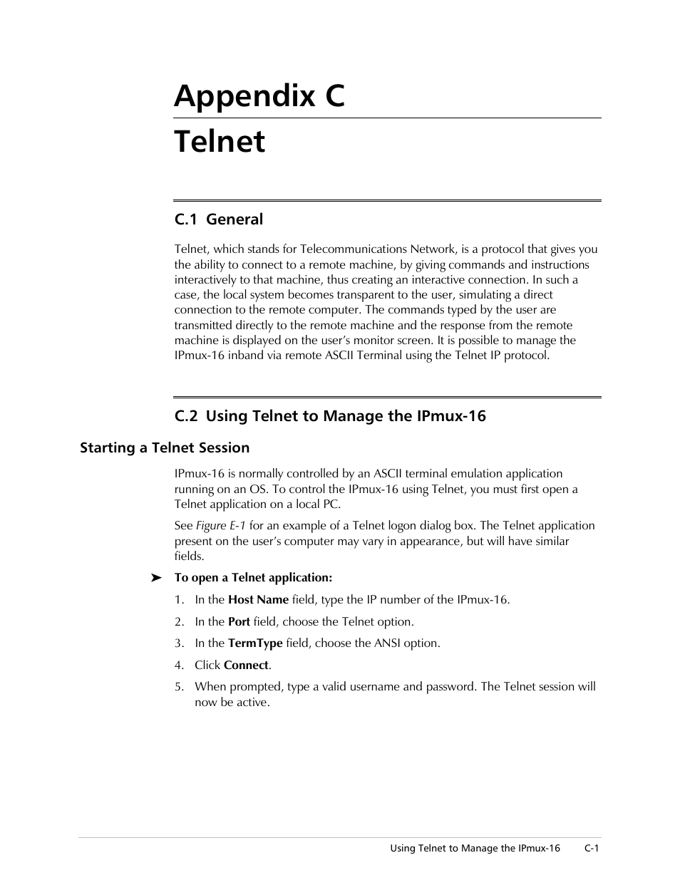 Telnet, General, Using telnet to manage the ipmux˚16 | Starting a telnet session, Appendix c telnet | RAD Data comm TDMoIP Gateway IPmux-16 User Manual | Page 93 / 99