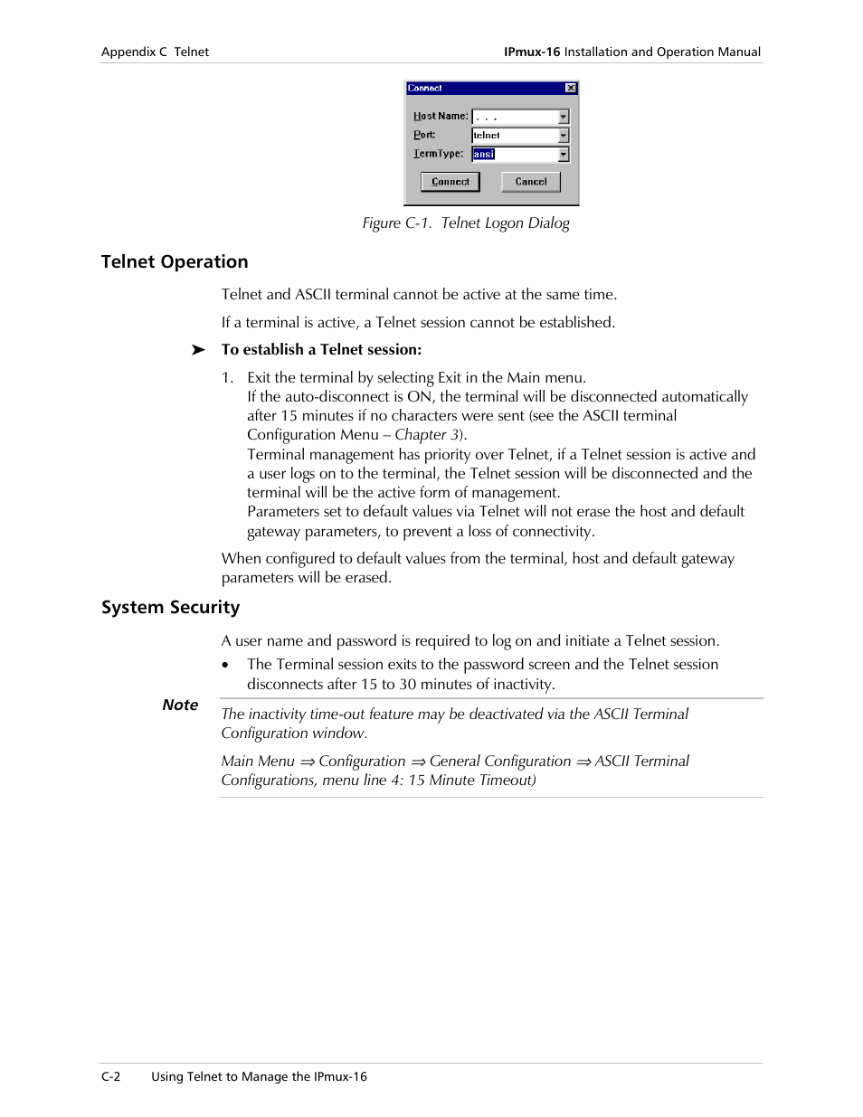 Telnet operation, System security | RAD Data comm TDMoIP Gateway IPmux-16 User Manual | Page 94 / 99