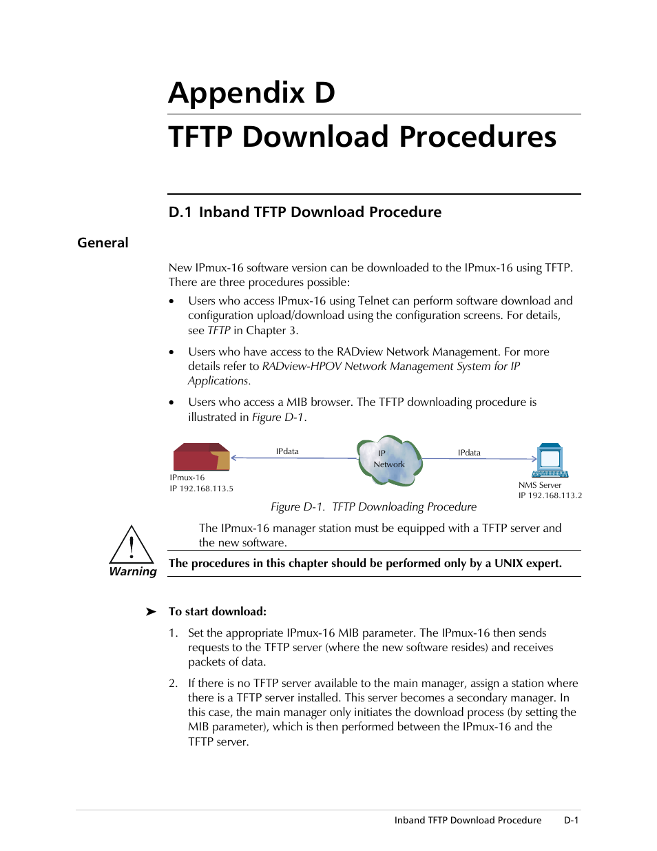 Tftp download procedures, Inband tftp download procedure, General | Appendix d tftp download procedures, D.1 inband tftp download procedure | RAD Data comm TDMoIP Gateway IPmux-16 User Manual | Page 95 / 99