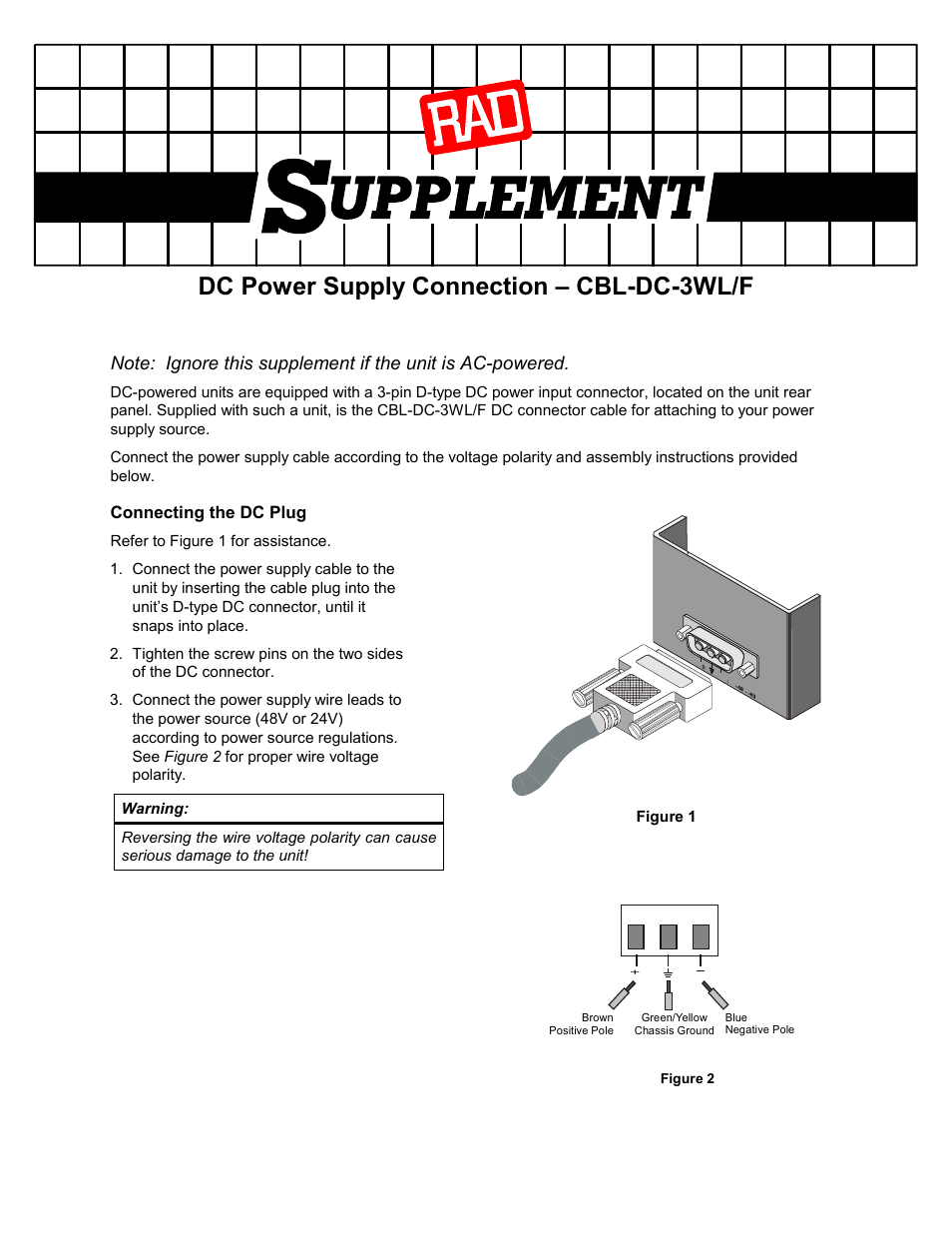 Dc power supply connection – cbl-dc-3wl/f | RAD Data comm TDMoIP Gateway IPmux-16 User Manual | Page 99 / 99