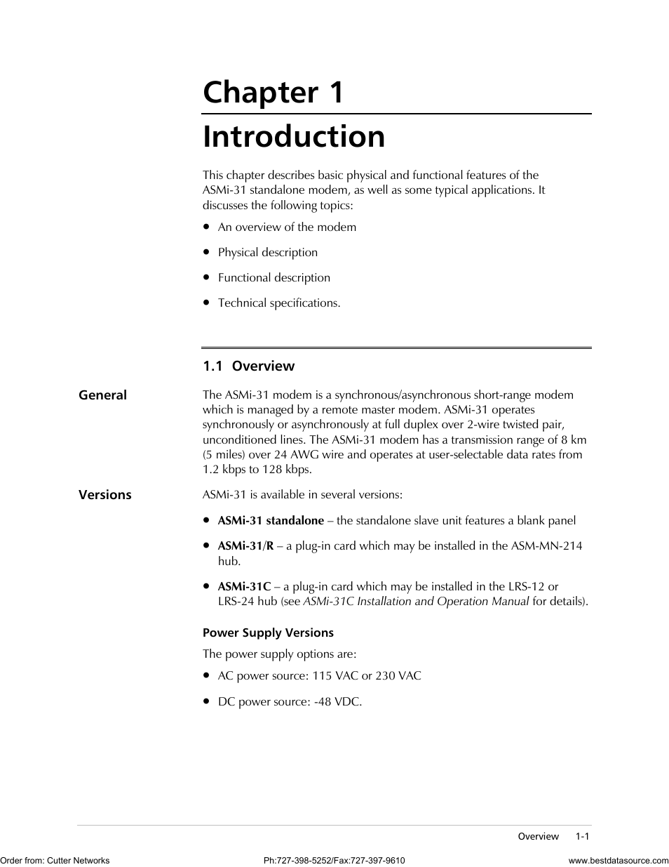 Chapter 1. introduction, Overview, General | Versions, Chapter 1 introduction | RAD Data comm ASMi-31 User Manual | Page 13 / 66