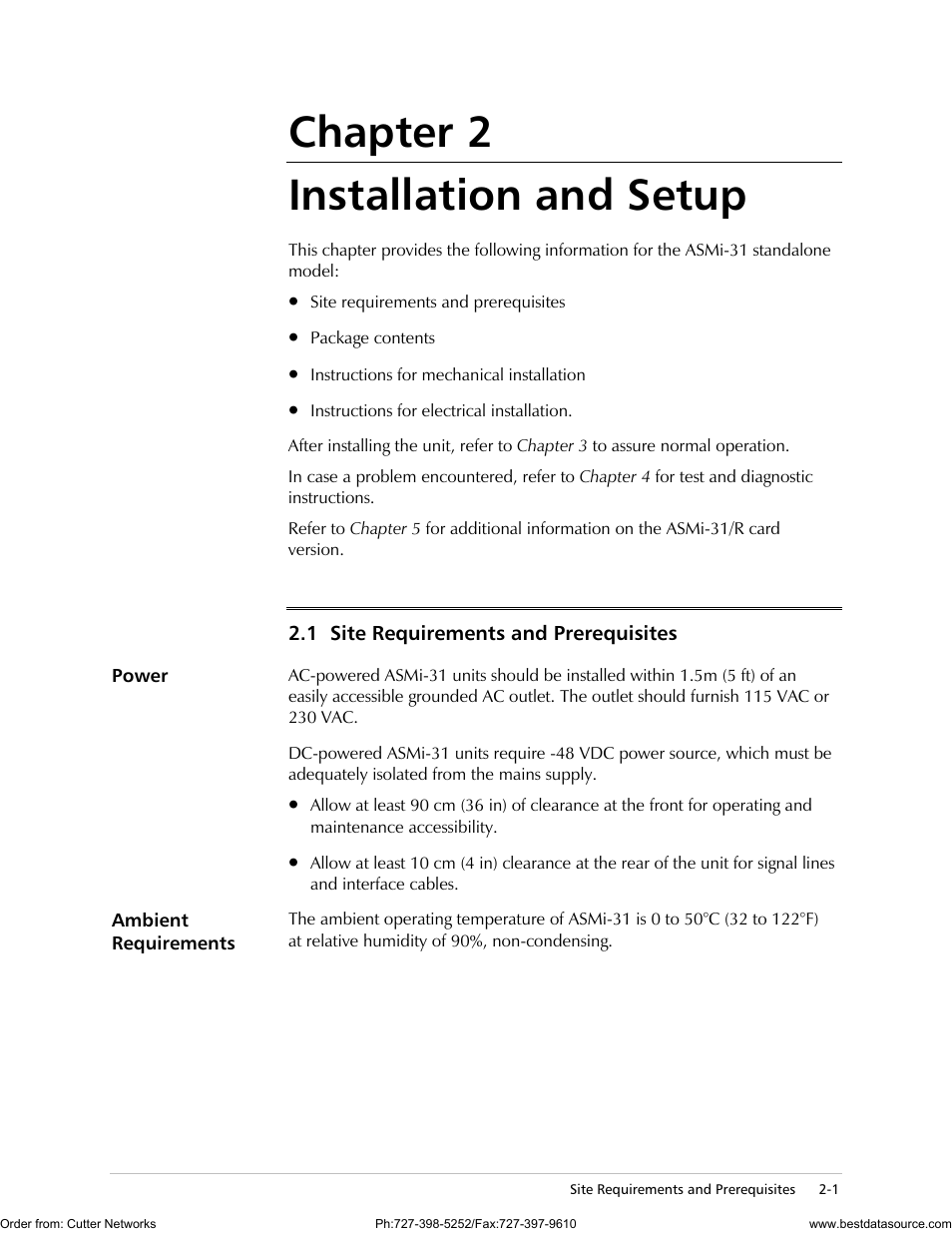 Chapter 2. installation and setup, Site requirements and prerequisites, Power | Ambient requirements, Chapter 2 installation and setup | RAD Data comm ASMi-31 User Manual | Page 21 / 66