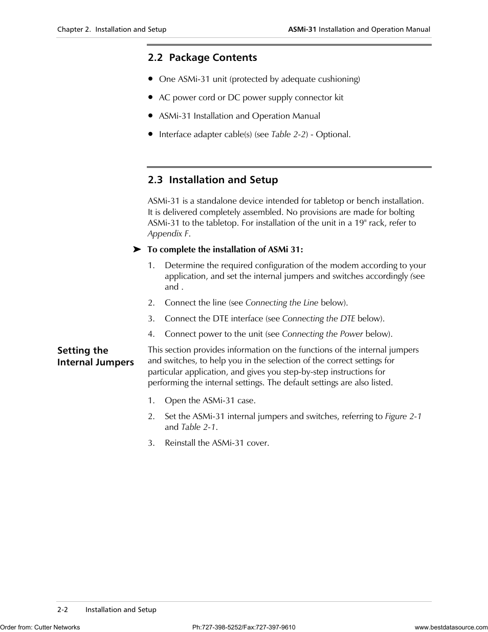 Package contents, Installation and setup, Setting the internal jumpers | RAD Data comm ASMi-31 User Manual | Page 22 / 66