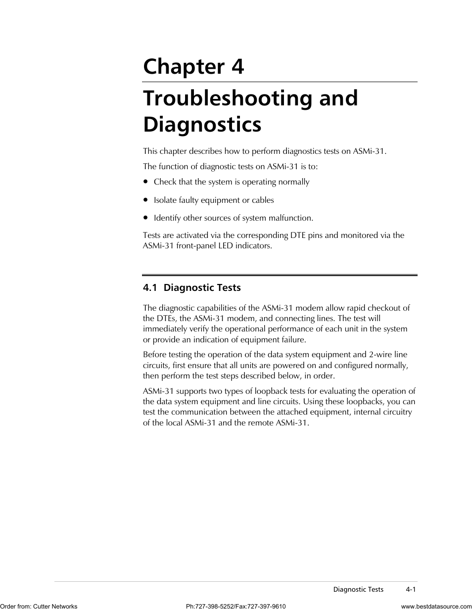 Chapter 4. troubleshooting and diagnostics, Diagnostic tests, Chapter 4 troubleshooting and diagnostics | RAD Data comm ASMi-31 User Manual | Page 33 / 66