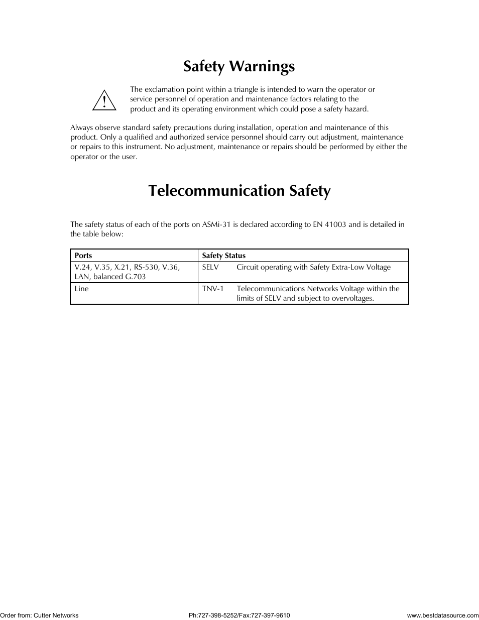 Safety warnings, Telecommunication safety | RAD Data comm ASMi-31 User Manual | Page 4 / 66