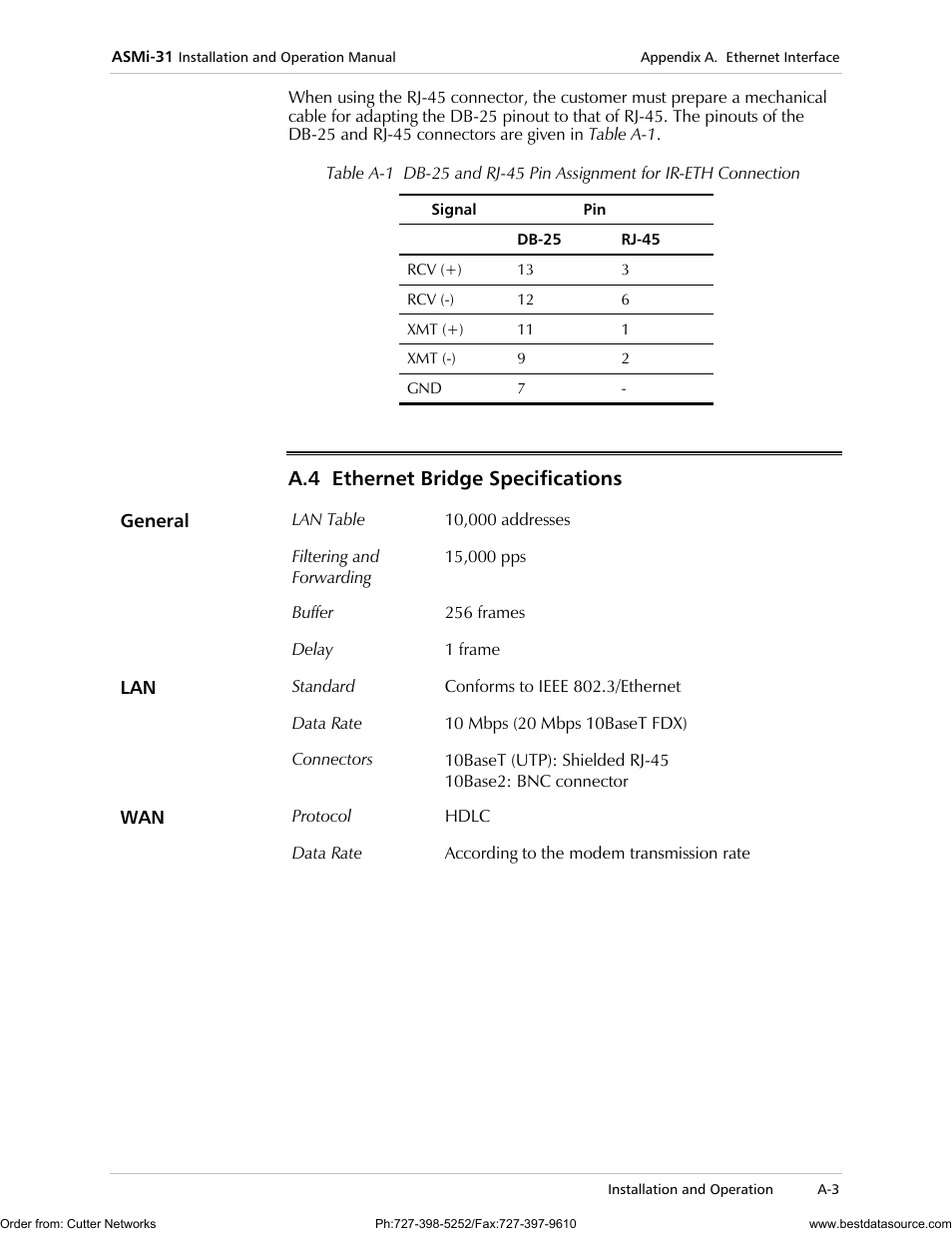 Ethernet bridge specifications, A.4 ethernet bridge specifications | RAD Data comm ASMi-31 User Manual | Page 45 / 66