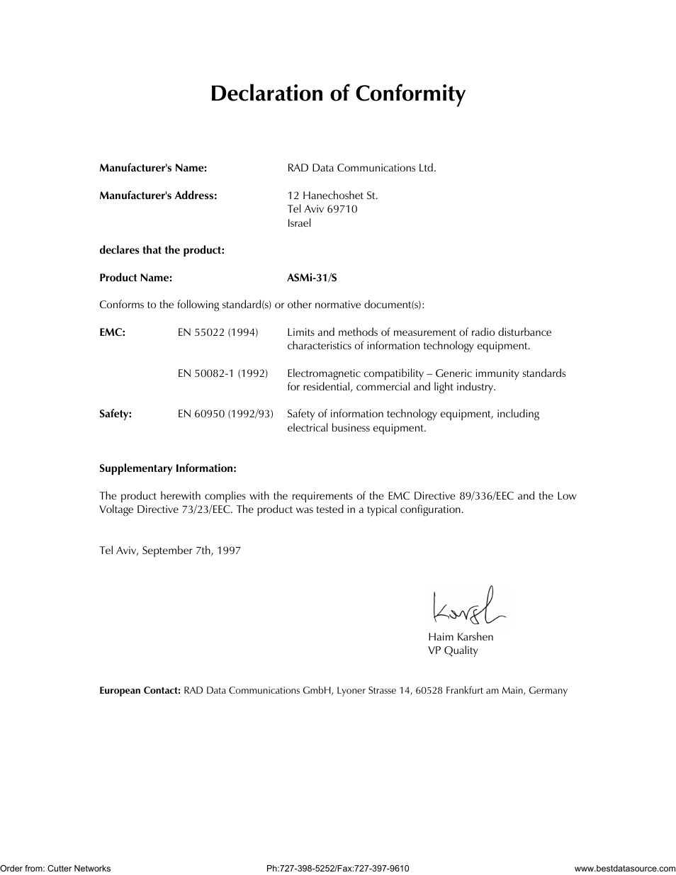 Declaration of conformity | RAD Data comm ASMi-31 User Manual | Page 6 / 66