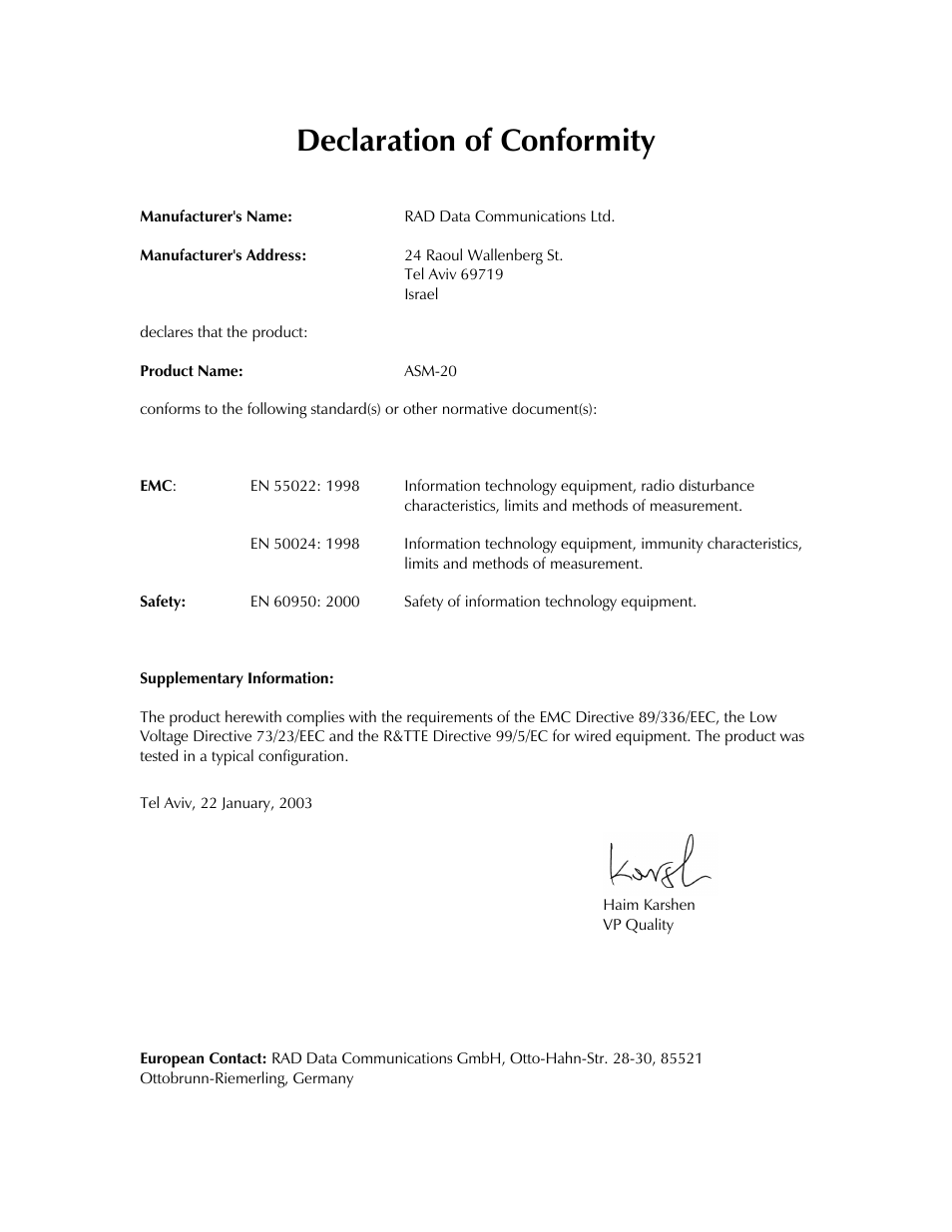 Declaration of conformity | RAD Data comm ASM-20 User Manual | Page 10 / 78