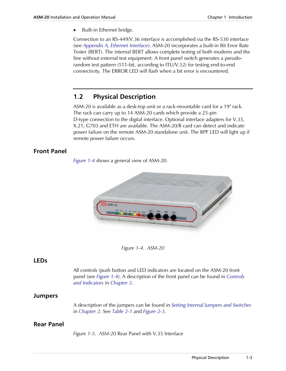 Physical description, Front panel, Leds | Jumpers, Rear panel, 2 physical description | RAD Data comm ASM-20 User Manual | Page 17 / 78