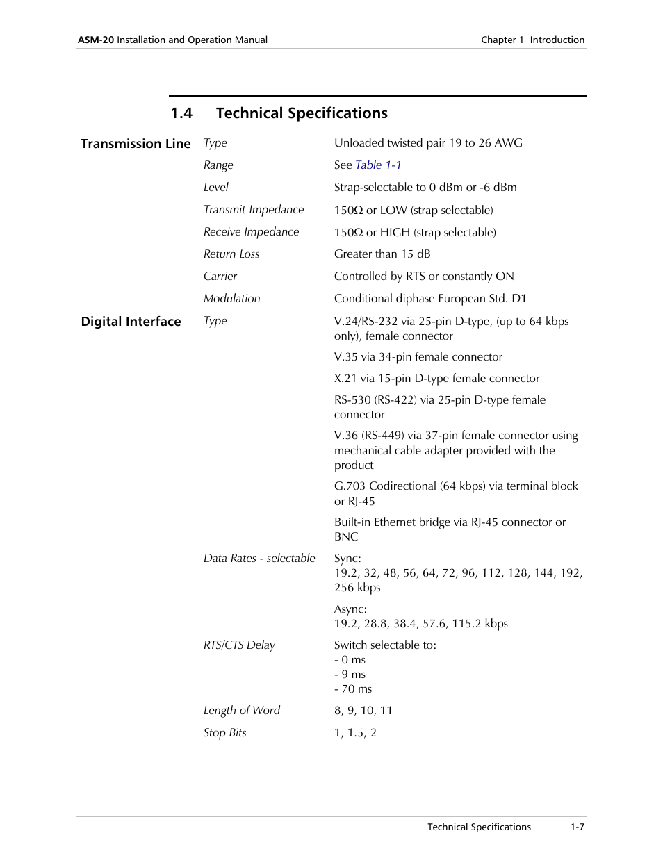 Technical specifications, 4 technical specifications | RAD Data comm ASM-20 User Manual | Page 21 / 78