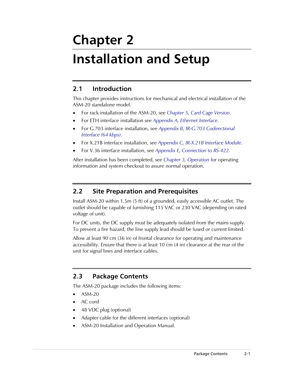 Chapter 2 installation and setup, Introduction, Site preparation and prerequisites | Package contents | RAD Data comm ASM-20 User Manual | Page 25 / 78