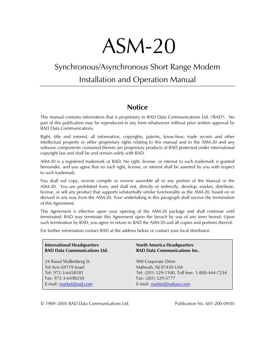 Front matter, Asm-20, Notice | RAD Data comm ASM-20 User Manual | Page 3 / 78