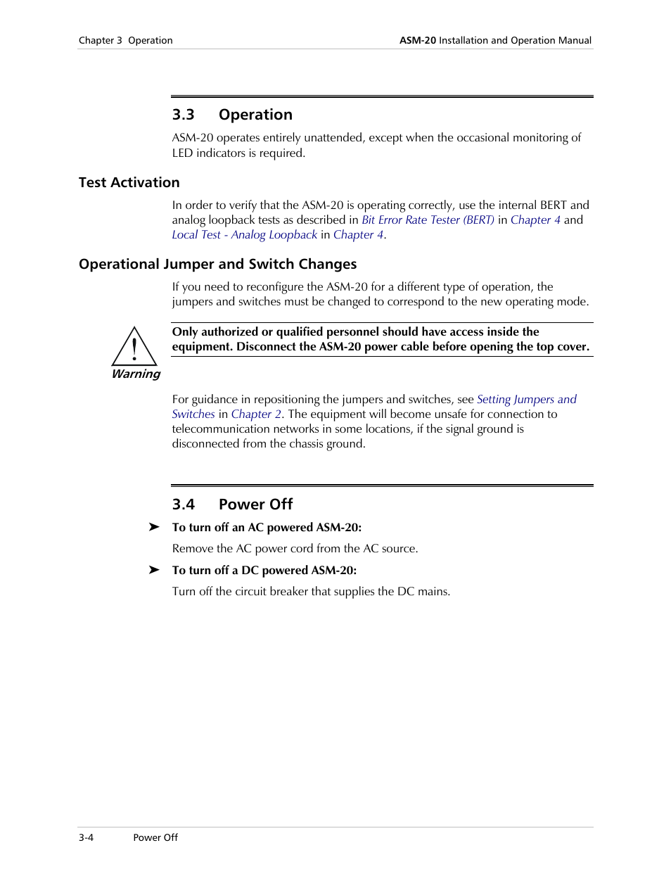 Operation, Test activation, Operational jumper and switch changes | Power off, 3 operation, 4 power off | RAD Data comm ASM-20 User Manual | Page 34 / 78