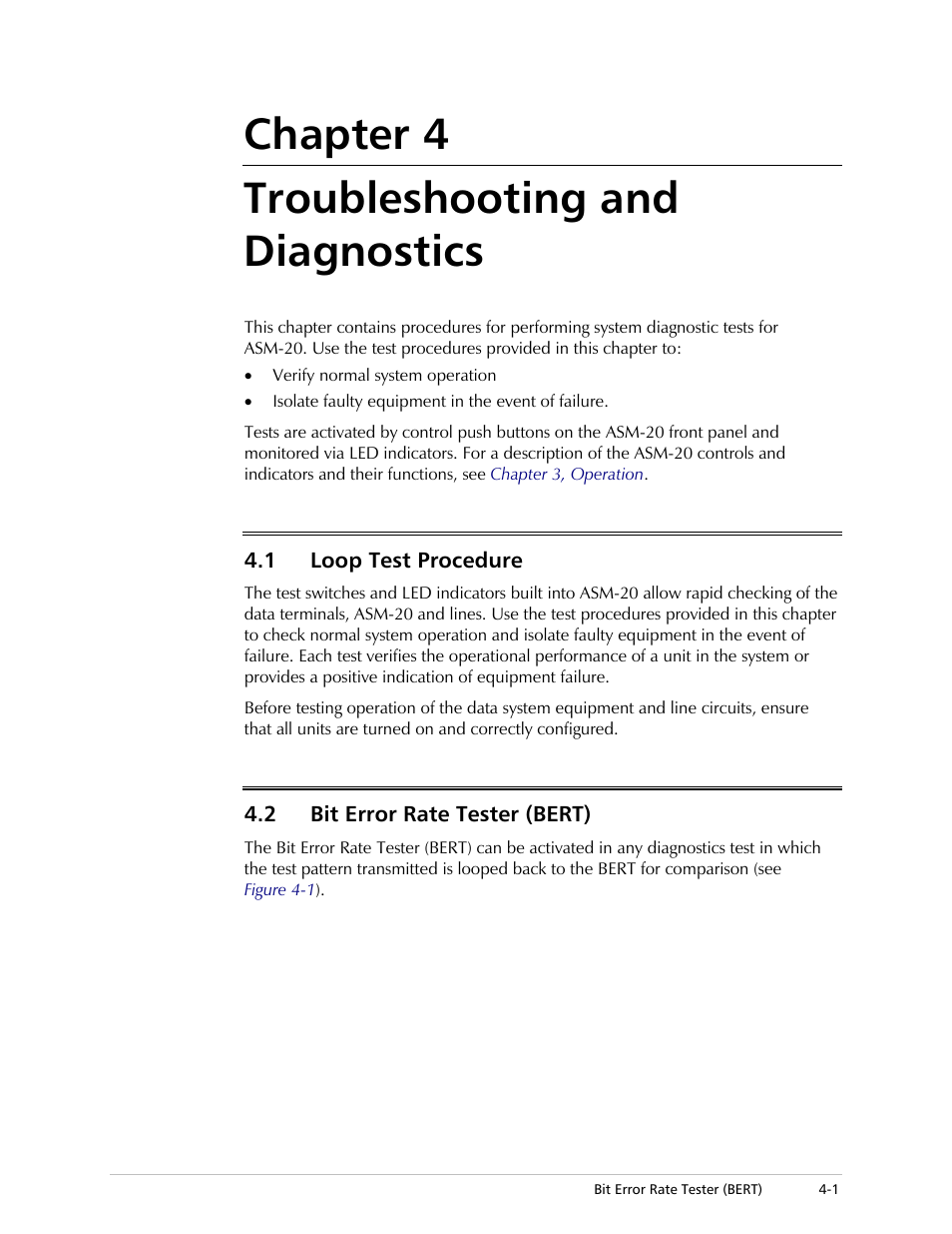 Chapter 4 troubleshooting and diagnostics, Loop test procedure, Bit error rate tester (bert) | RAD Data comm ASM-20 User Manual | Page 35 / 78