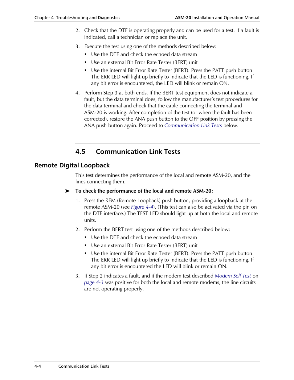 Communication link tests, Remote digital loopback, 5 communication link tests | RAD Data comm ASM-20 User Manual | Page 38 / 78