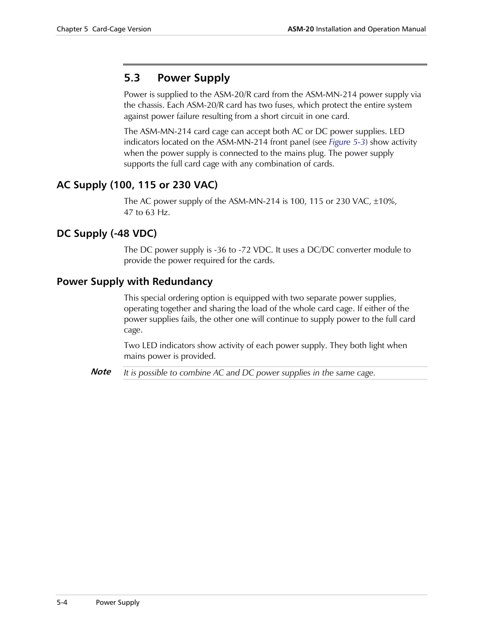 Power supply, Ac supply (100, 115 or 230 vac), Dc supply (-48 vdc) | Power supply with redundancy, 3 power supply | RAD Data comm ASM-20 User Manual | Page 46 / 78