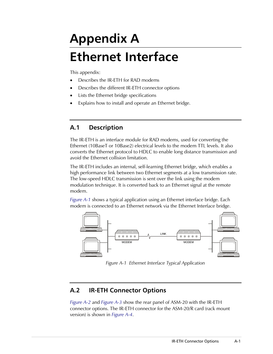 Appendix a ethernet interface, Description, Ir-eth connector options | A.1 description, A.2 ir-eth connector options | RAD Data comm ASM-20 User Manual | Page 49 / 78