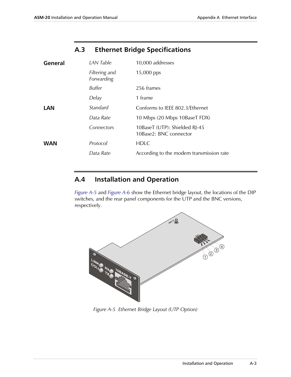 Ethernet bridge specifications, Installation and operation, A.3 ethernet bridge specifications | A.4 installation and operation | RAD Data comm ASM-20 User Manual | Page 51 / 78