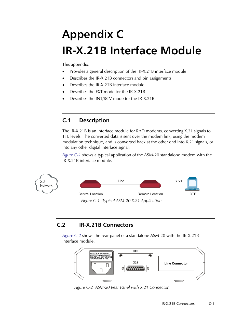 Appendix c ir-x.21b interface module, Description, Ir-x.21b connectors | C.1 description, C.2 ir-x.21b connectors | RAD Data comm ASM-20 User Manual | Page 59 / 78