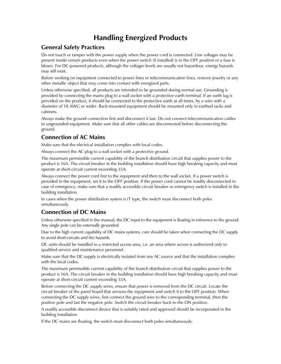 General safety practices, Connection of ac mains, Connection of dc mains | Handling energized products | RAD Data comm ASM-20 User Manual | Page 6 / 78